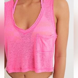 NWOT Aerie Breezy Linen V-Neck Pocket tank top Pink Fusion